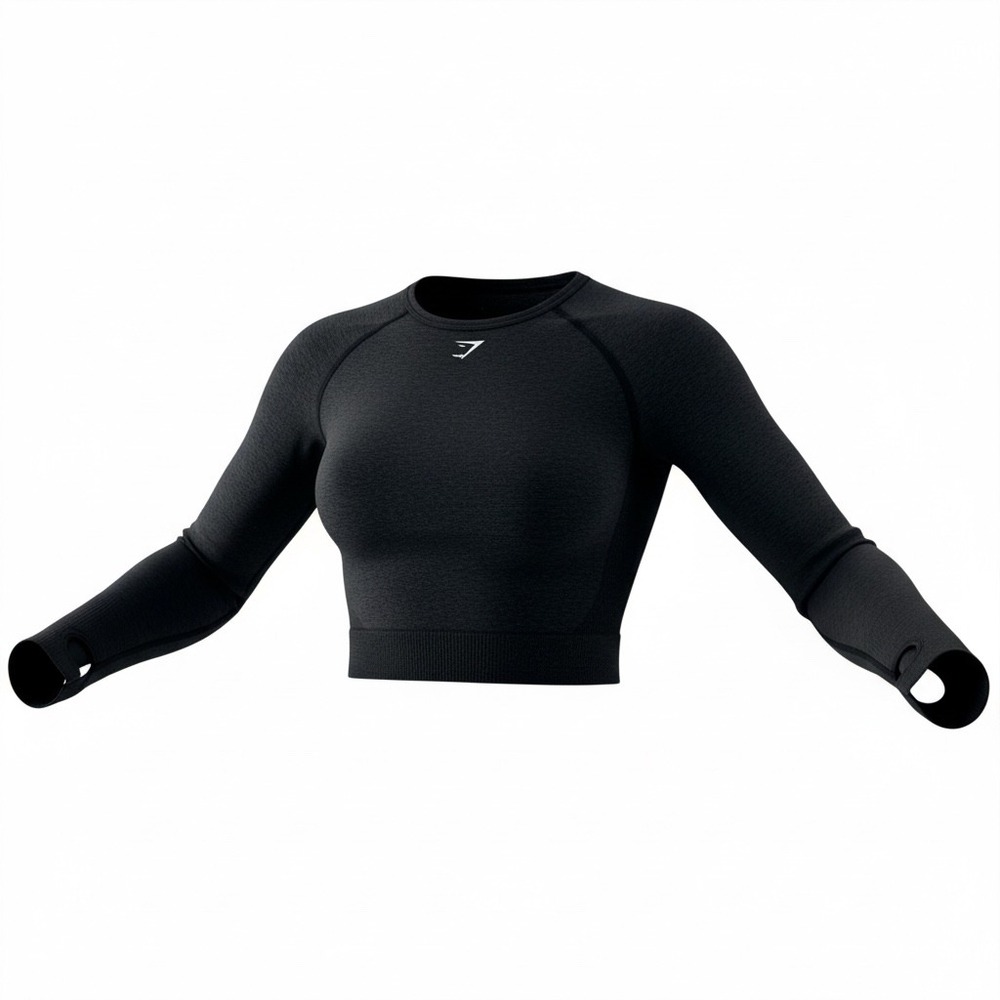 Gymshark Black Seamless Long Sleeve Cropped Workout Top Thumbholes Women XS